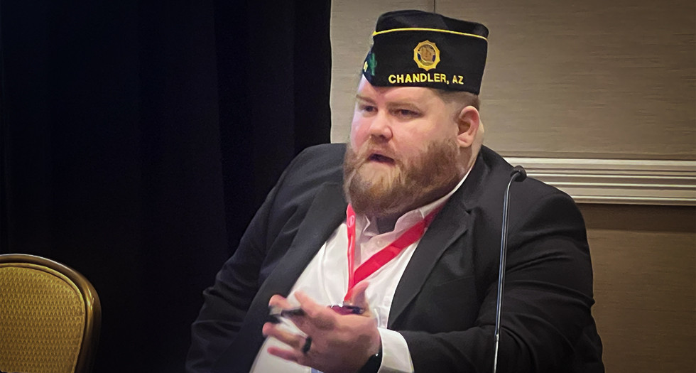 American Legion Health Policy Analyst Andrew Petrie describes to student veterans how the PACT Act has evolved and can be expected to continue to do so in the future. Photo by Jeff Stoffer