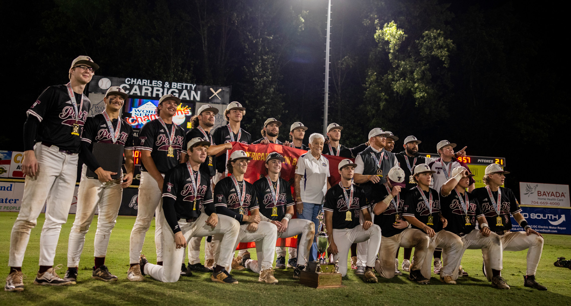 Troy, AL Post 70 celebrates after game 15 of The 2024 American Legion World Series at Veterans Field at Keeter Stadium in Shelby, N.C., on Tuesday, August 20. Photo by Chet Strange/The American Legion