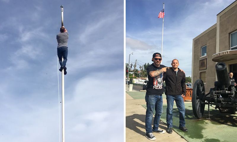 Civilian climbs 60-foot pole to replace burned flag at California post