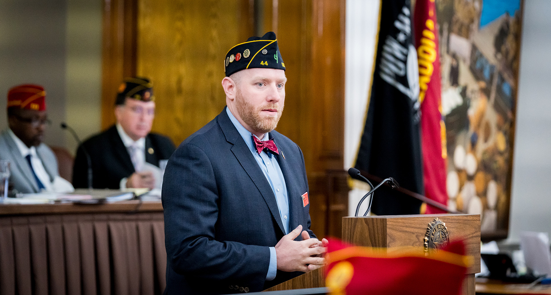 American Legion National Security Chairman Matthew Shuman gives a report during the 2024 Fall National Executive Committee Meetings. Photo by Hilary Ott /The American Legion