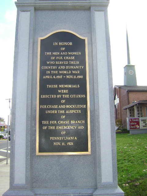 In Honor of the Men and Women who served in World War I from Rockledge Borough (Montomgery County) and Fox chase (city of Philadelphia) Fox Chase