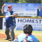 Medal of Honor recipient Don Ballard throws the first pitch before Bryant, Ark., Post 298 defeats Hopewell, N.J., Post 339 7-4 in game 7 of The American Legion World Series on Saturday, August 12, 2017 in Shelby, N.C.. Photo by Lucas Carter/The American Legion.