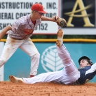 Midland, Mich., second baseman Noah Ingram makes the play to force out Shrewsbury, Mass., center fielder Adam Twitchell in game 1 of The American Legion World Series on Thursday, August 10, 2017 in Shelby, N.C.. Photo by Matt Roth/The American Legion.