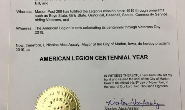Iowa mayor proclaims 2019 as American Legion Centennial Year